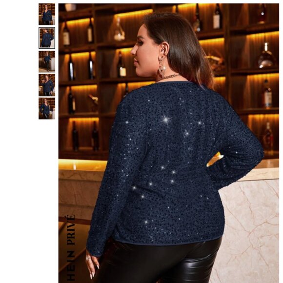 Plus Size Navy Blue Surplice Neck Belted Sequin Blouse, 2X - Picture 2 of 7